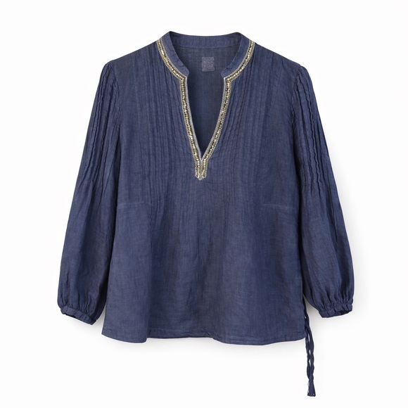 120% Lino Tops - 120%‎ Lino Navy Beaded Linen Blouse Split Neck US 8